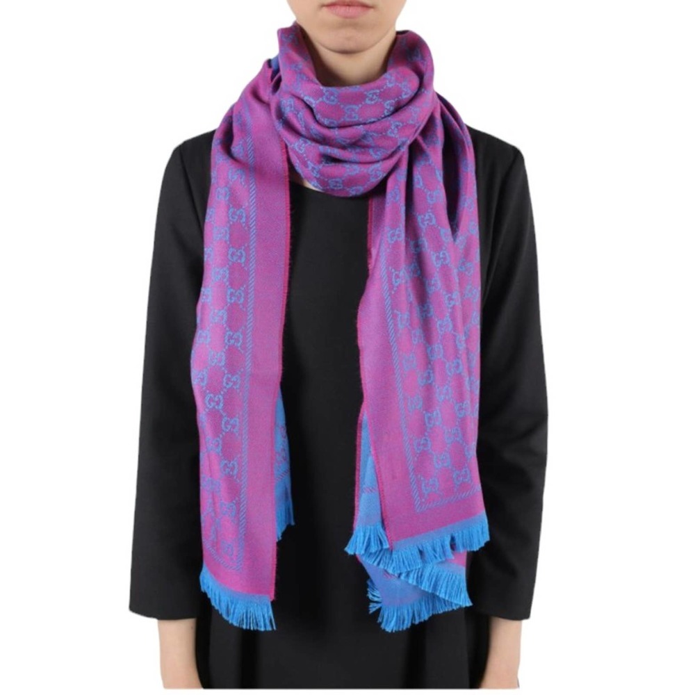 Gucci Scarf Sten GG Purple and Blue Fringed Wool Monogram NWT